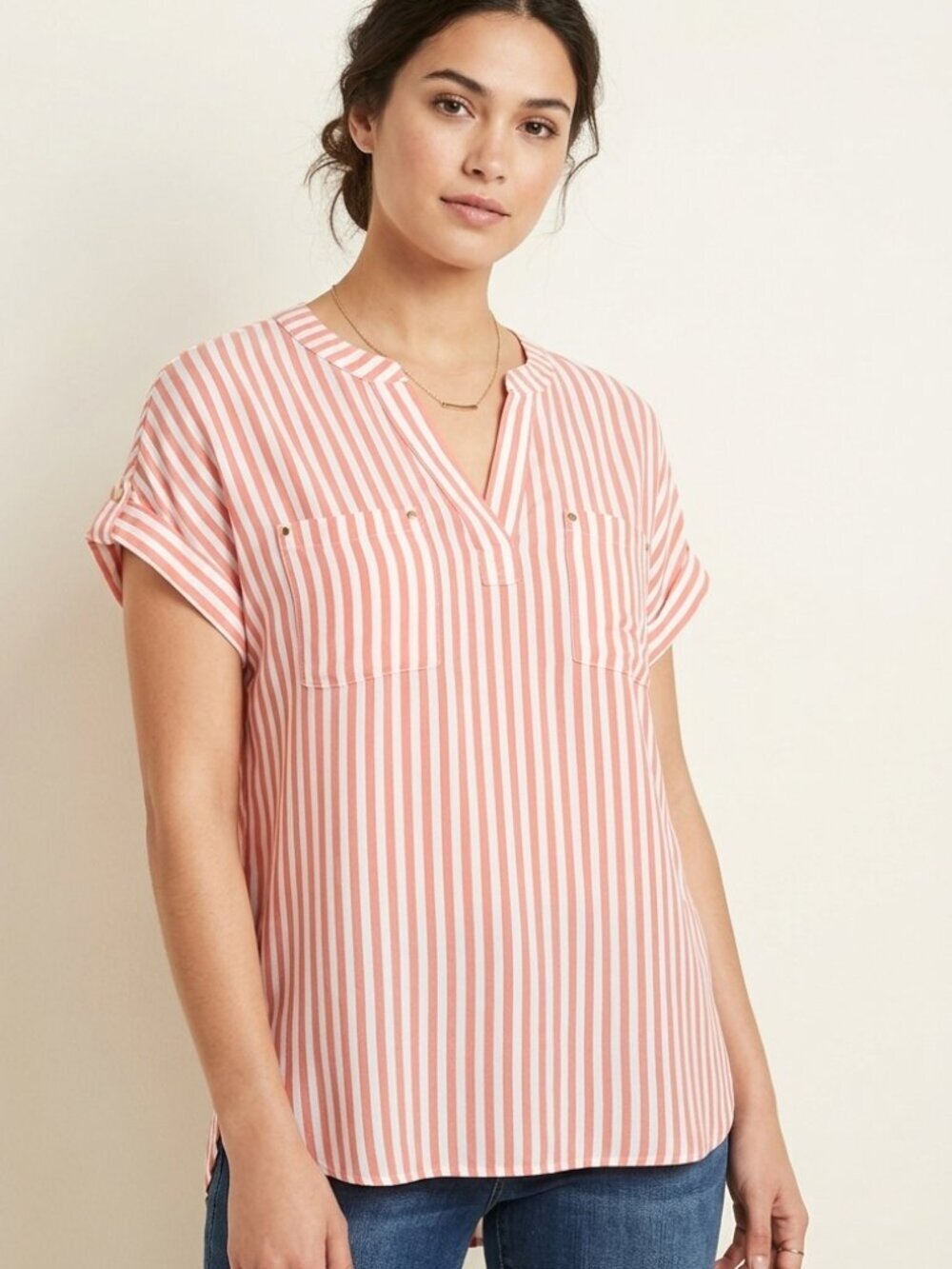 Jones New York Coral Pink White Vertical Striped Short Sleeve Top - M